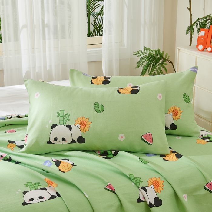 91家纺网 家纺一手货源 找家纺 爱彼家纺 2026新款原棉老粗布烫画老粗布印花系列单床单凉席席子三件套 熊猫乐园