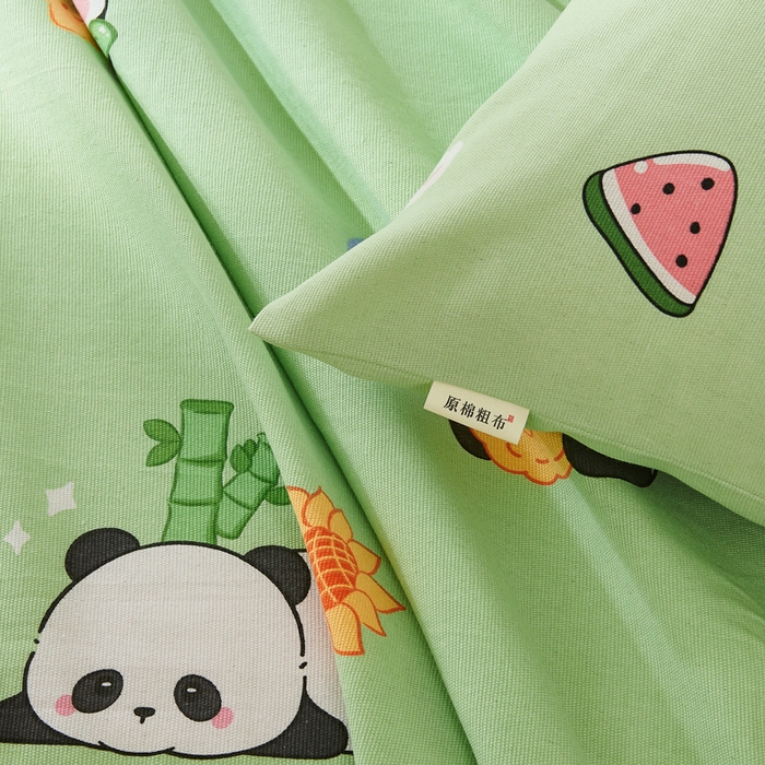 91家纺网 家纺一手货源 找家纺 爱彼家纺 2026新款原棉老粗布烫画老粗布印花系列单床单凉席席子三件套 熊猫乐园