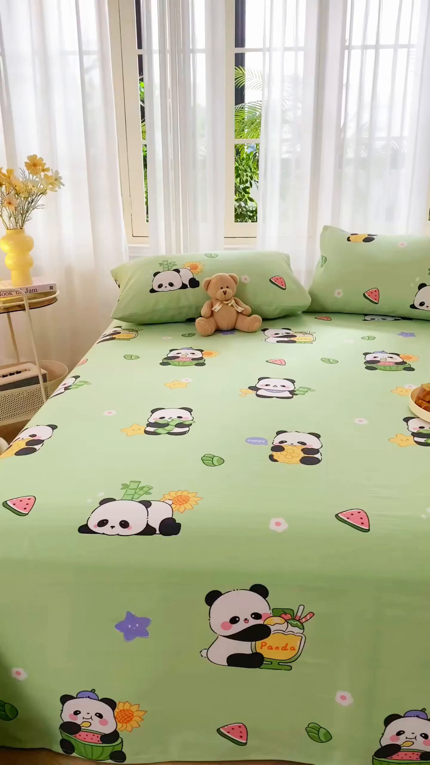 91家纺网 家纺一手货源 找家纺 爱彼家纺 2026新款原棉老粗布烫画老粗布印花系列单床单凉席席子三件套 熊猫乐园