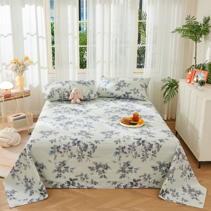 91家纺网 家纺一手货源 找家纺 爱彼家纺 2026新款原棉老粗布烫画老粗布印花系列单床单凉席席子三件套 叶落缤纷