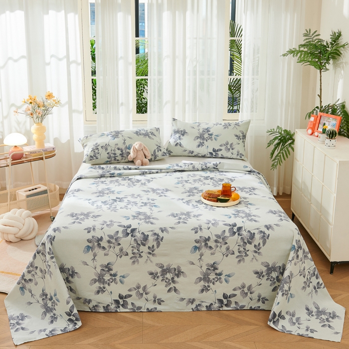 91家纺网 家纺一手货源 找家纺 爱彼家纺 2026新款原棉老粗布烫画老粗布印花系列单床单凉席席子三件套 叶落缤纷