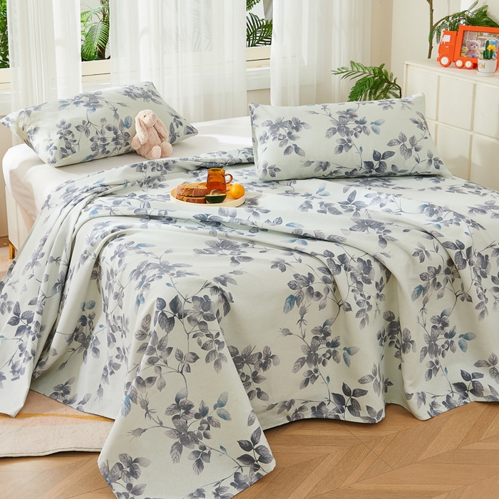 91家纺网 家纺一手货源 找家纺 爱彼家纺 2026新款原棉老粗布烫画老粗布印花系列单床单凉席席子三件套 叶落缤纷