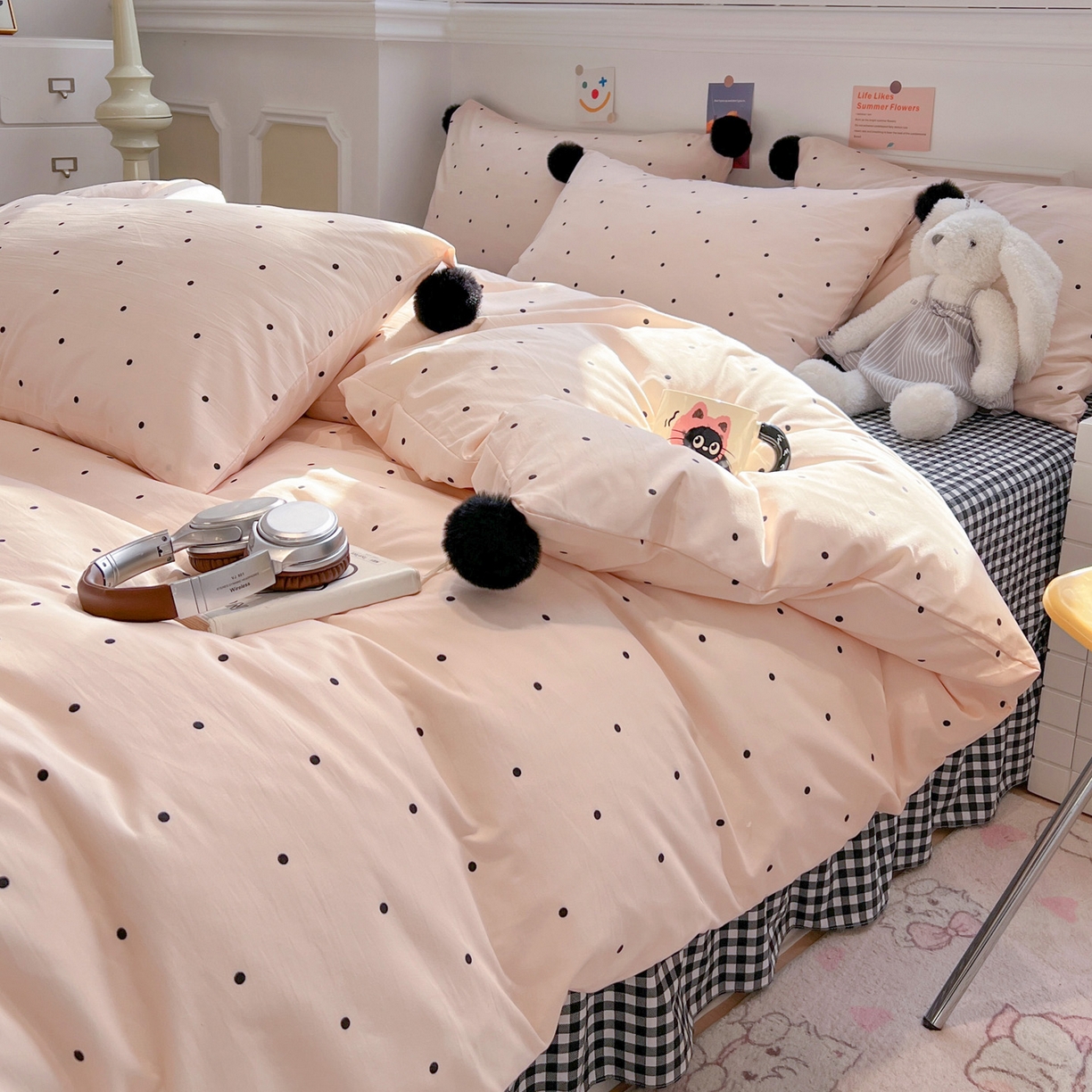 91家纺网 家纺一手货源 找家纺 （总）富米莱（原臻工厂） 2026新款水洗棉波点黑格球球绝绝子床盖床裙四裙套