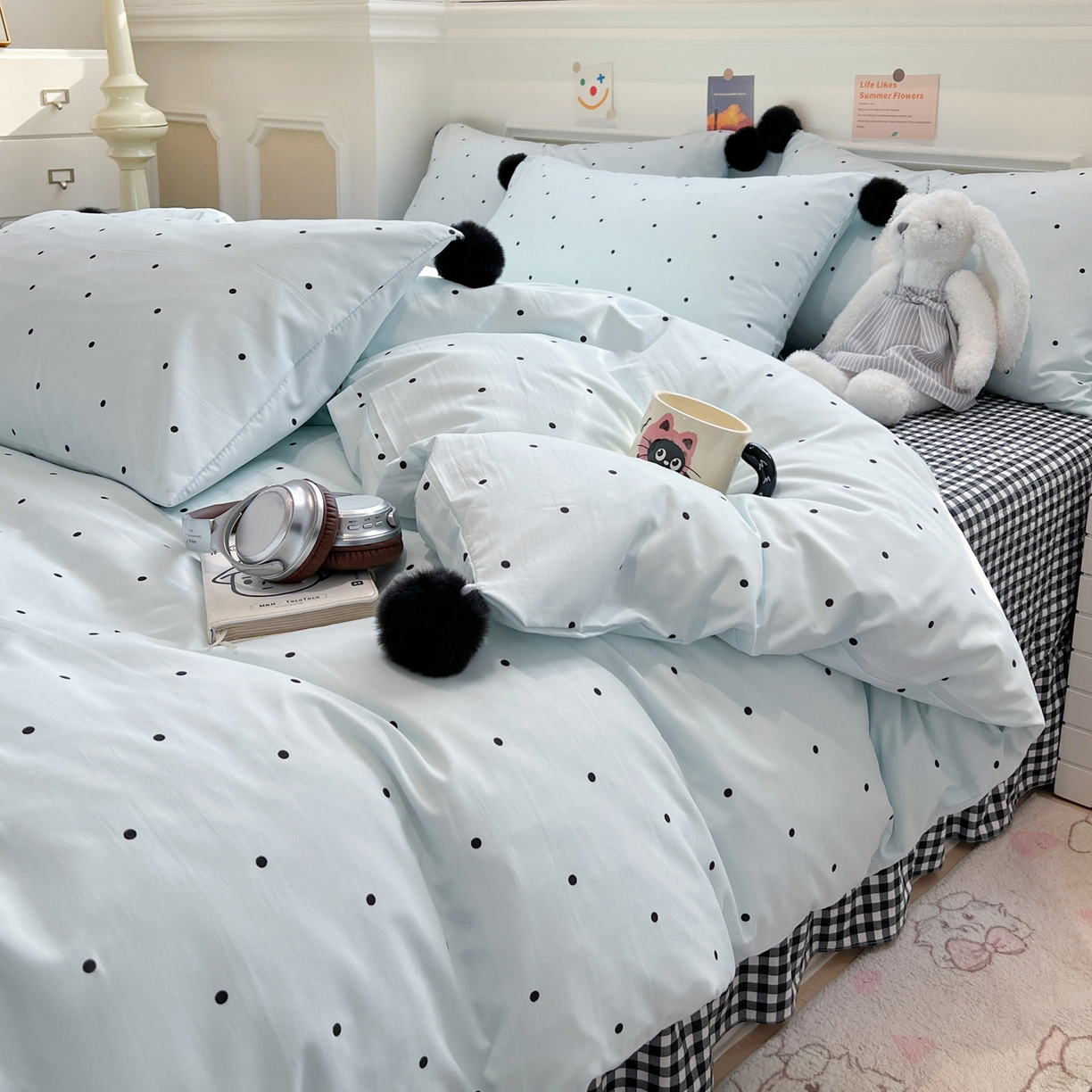 91家纺网 家纺一手货源 找家纺 （总）富米莱（原臻工厂） 2026新款水洗棉波点黑格球球绝绝子床盖床裙四裙套