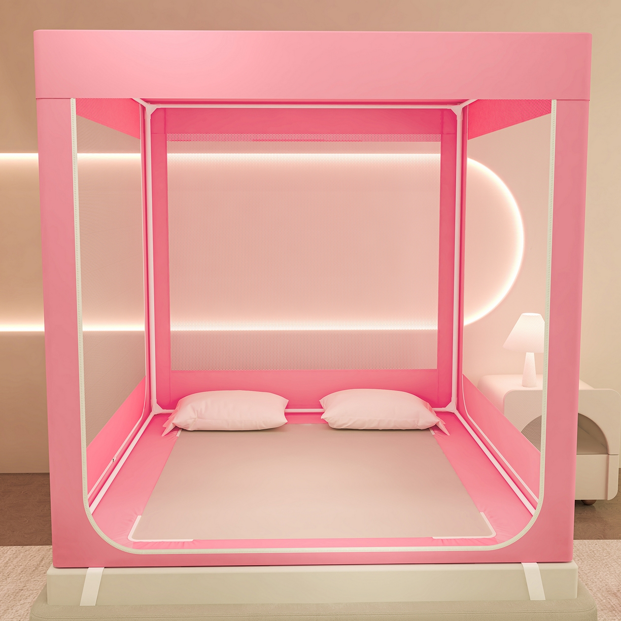 91家纺网 家纺一手货源 找家纺 千逸虹 2026新款卡通加密加大全底坐床遮光防摔回底蚊帐 草莓小熊-全底