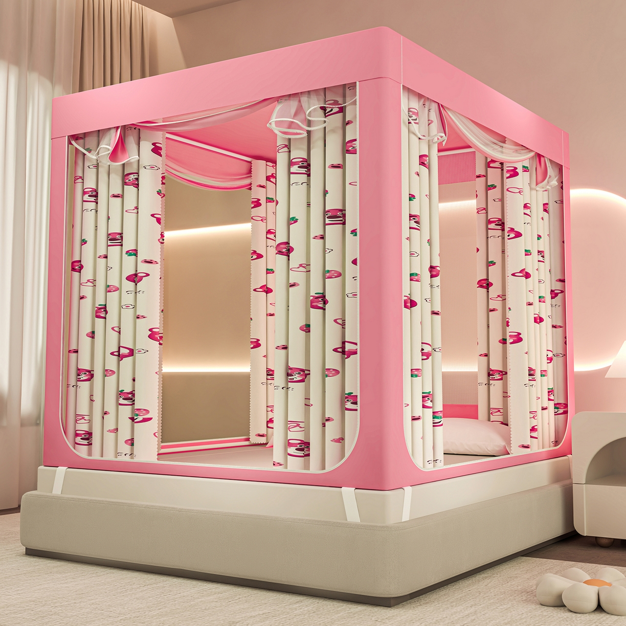 千逸虹 2026新款卡通加密加大全底坐床遮光防摔回底蚊帐 草莓小熊-全底