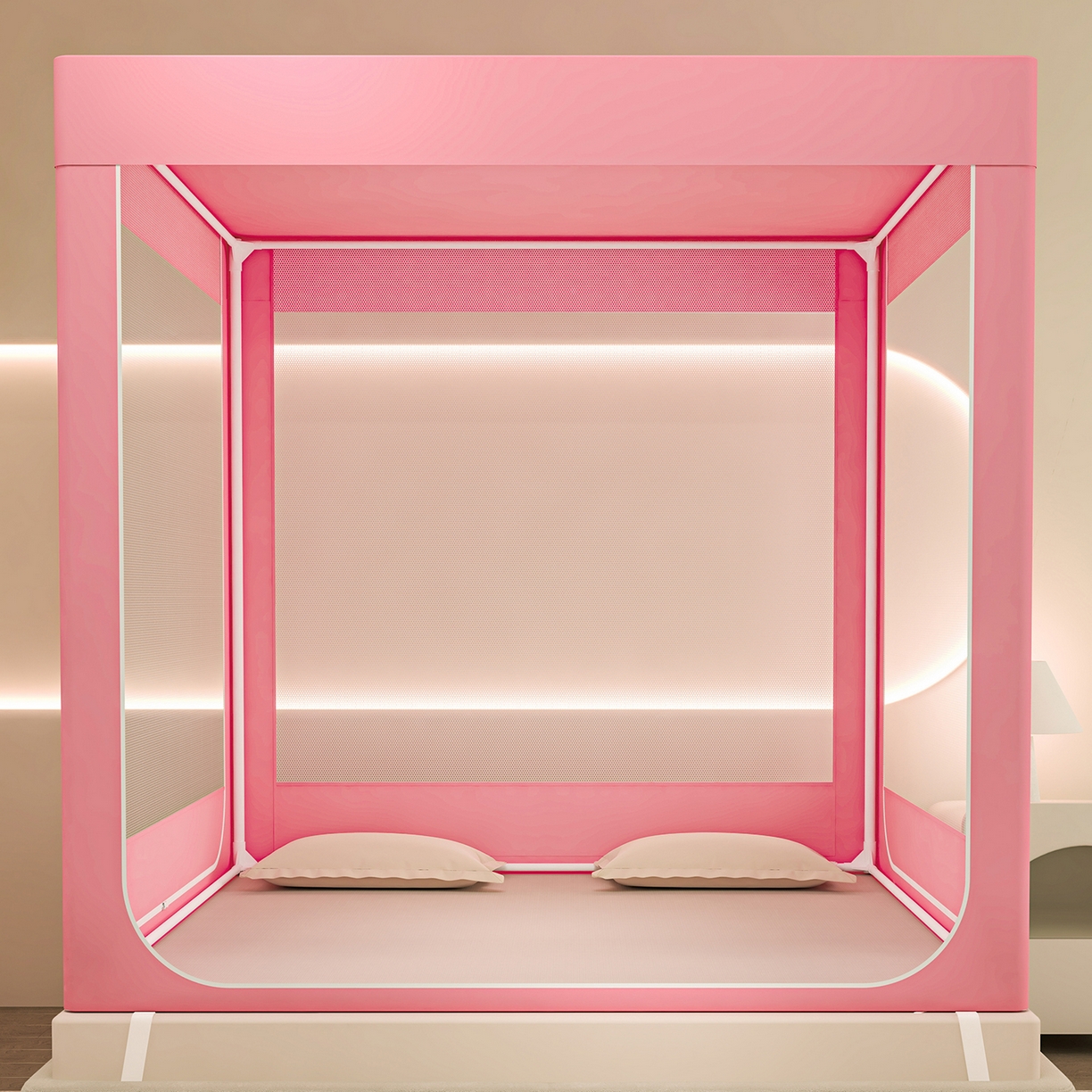 91家纺网 家纺一手货源 找家纺 千逸虹 2026新款卡通加密加大全底坐床遮光防摔回底蚊帐 草莓小熊-全底