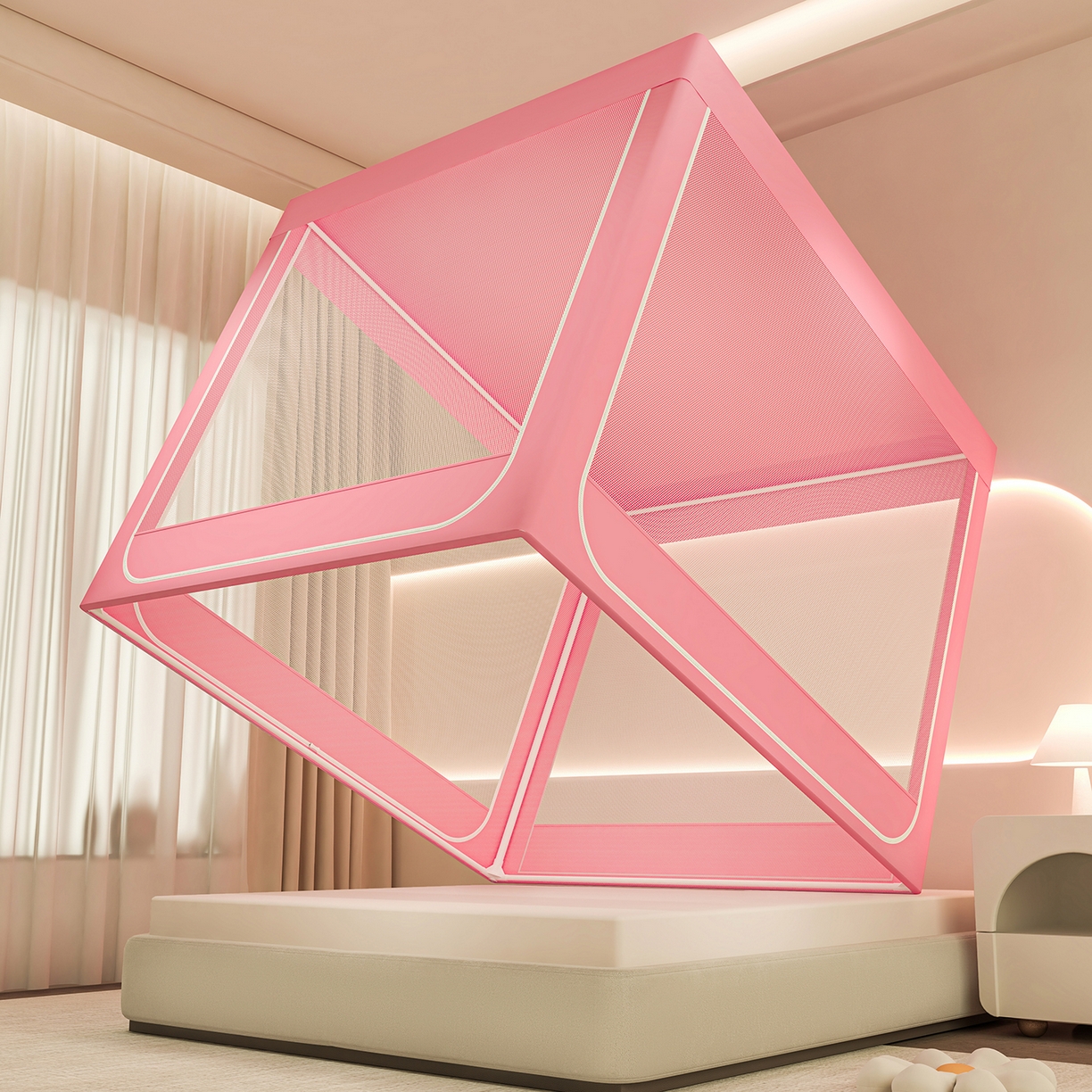 91家纺网 家纺一手货源 找家纺 千逸虹 2026新款卡通加密加大全底坐床遮光防摔回底蚊帐 草莓小熊-全底