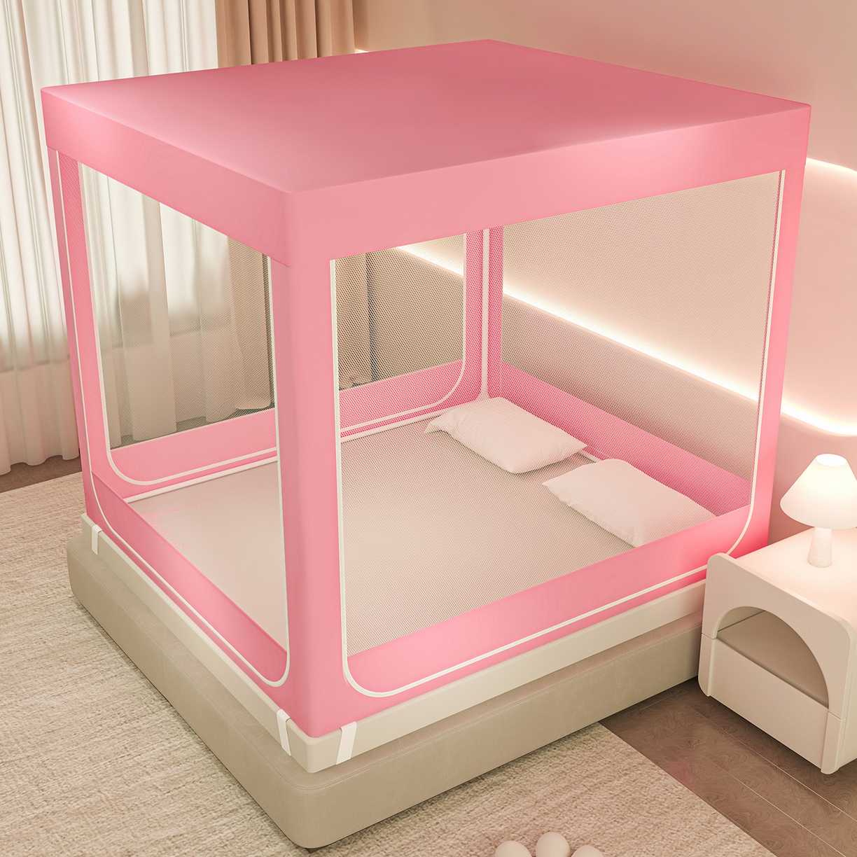 91家纺网 家纺一手货源 找家纺 千逸虹 2026新款卡通加密加大全底坐床遮光防摔回底蚊帐 草莓小熊-全底