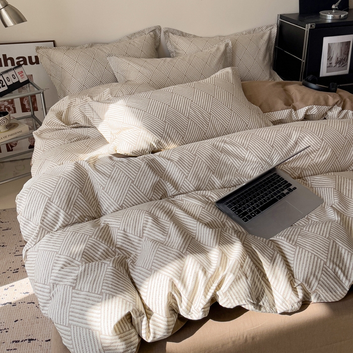 91家纺网 家纺一手货源 找家纺 盛馨家纺 2026新款全棉高支高密精梳棉北欧绅士风四件套纯棉床笠学生三件套 西西里