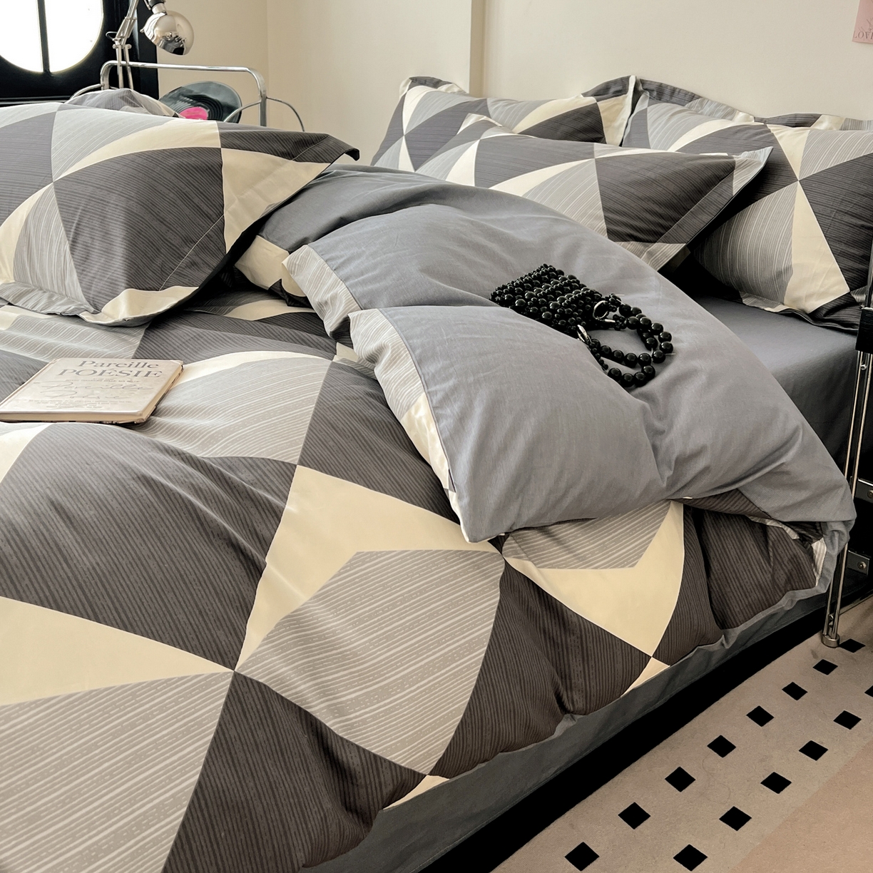 91家纺网 家纺一手货源 找家纺 盛馨家纺 2026新款全棉高支高密精梳棉北欧绅士风四件套纯棉床笠学生三件套 罗拉