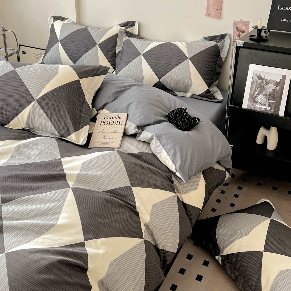 91家纺网 家纺一手货源 找家纺 盛馨家纺 2026新款全棉高支高密精梳棉北欧绅士风四件套纯棉床笠学生三件套 罗拉