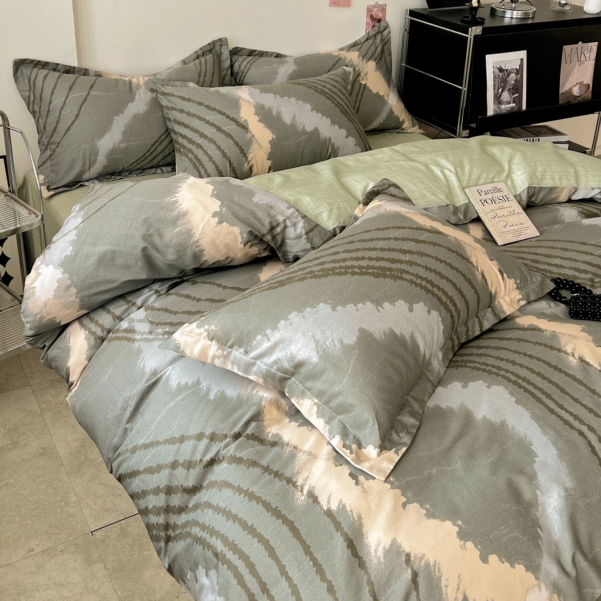 91家纺网 家纺一手货源 找家纺 盛馨家纺 2026新款全棉高支高密精梳棉北欧绅士风四件套纯棉床笠学生三件套 卡尔