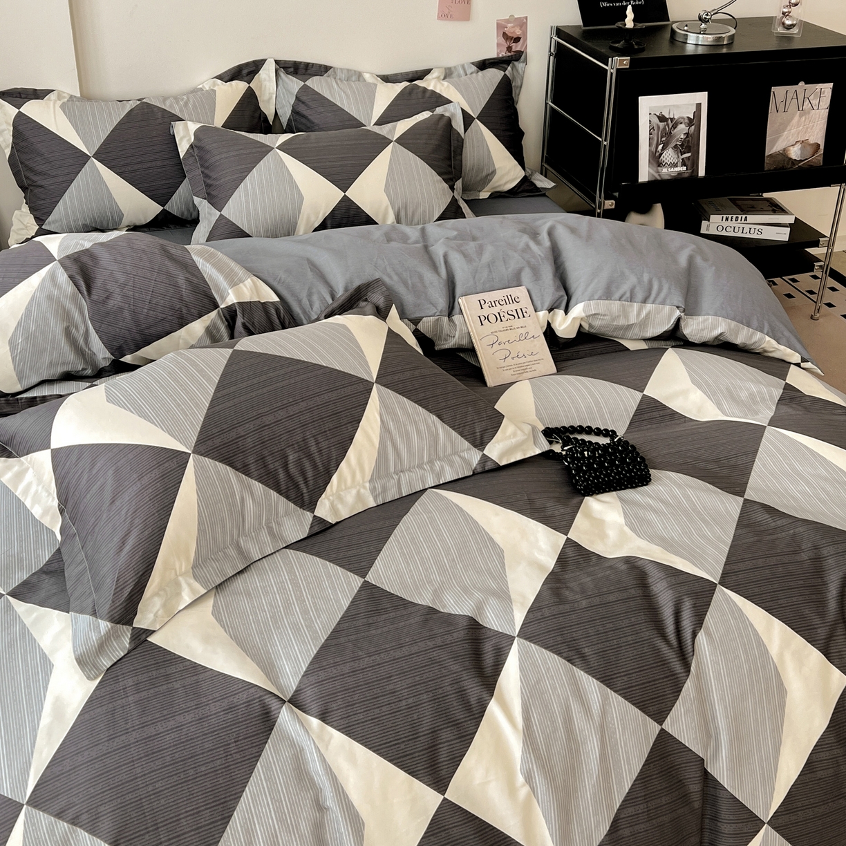 91家纺网 家纺一手货源 找家纺 盛馨家纺 2026新款全棉高支高密精梳棉北欧绅士风四件套纯棉床笠学生三件套 罗拉