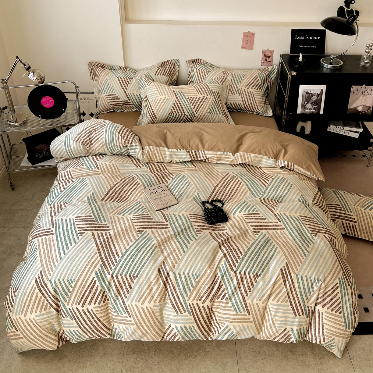 91家纺网 家纺一手货源 找家纺 盛馨家纺 2026新款全棉高支高密精梳棉北欧绅士风四件套纯棉床笠学生三件套 艾米