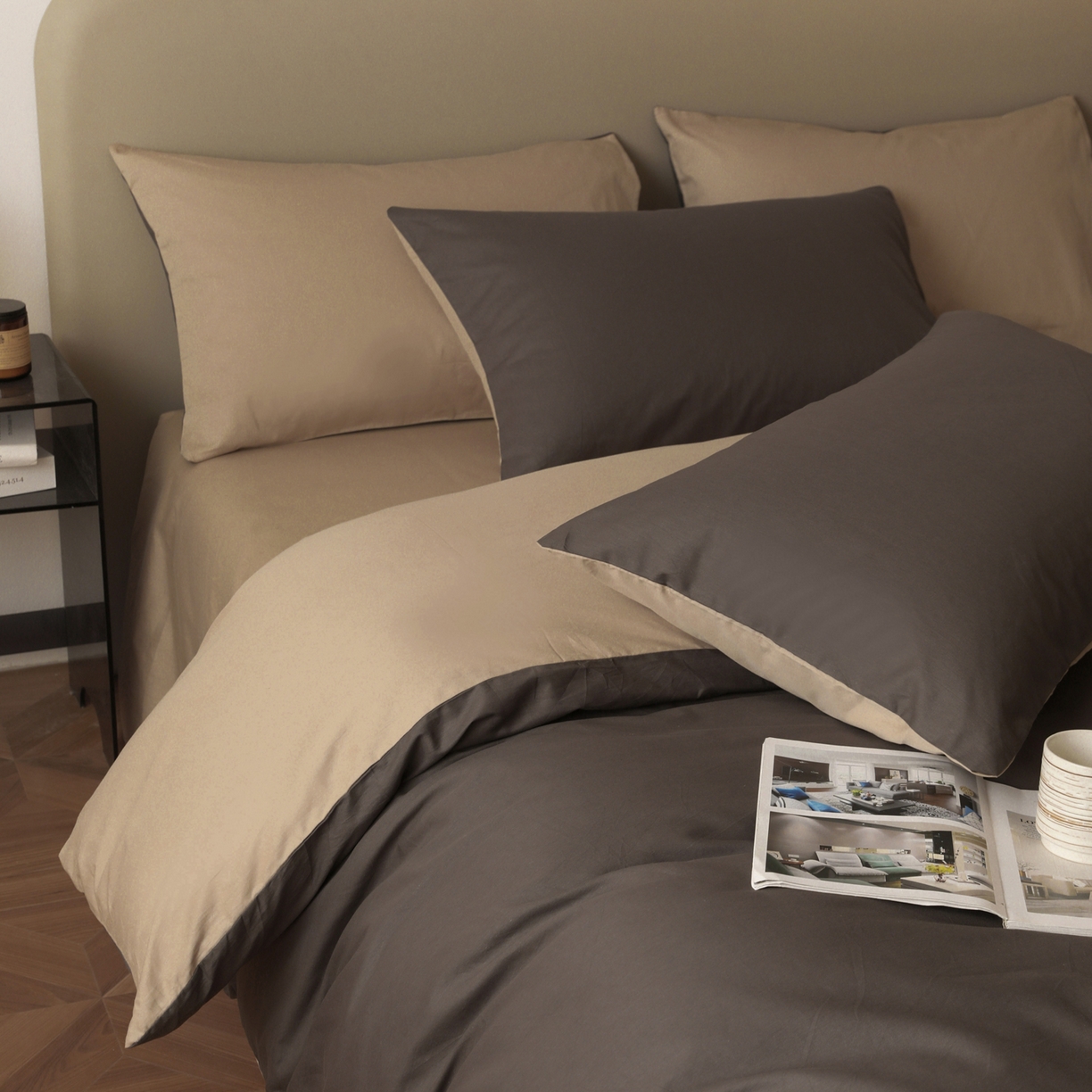 91家纺网 家纺一手货源 找家纺 （总）盛馨家纺 2026新款40长绒棉ins美拉德色系纯色双拼全棉单品四件套单人纯色三件套