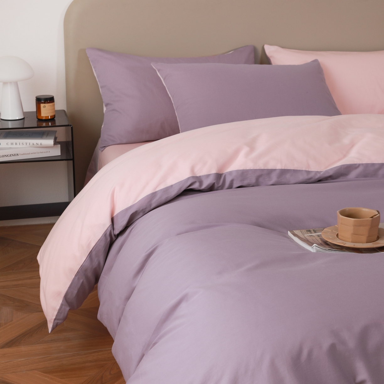 盛馨家纺 2026新款40长绒棉ins美拉德色系纯色双拼全棉单品四件套单人纯色三件套 茄花紫+桃夭