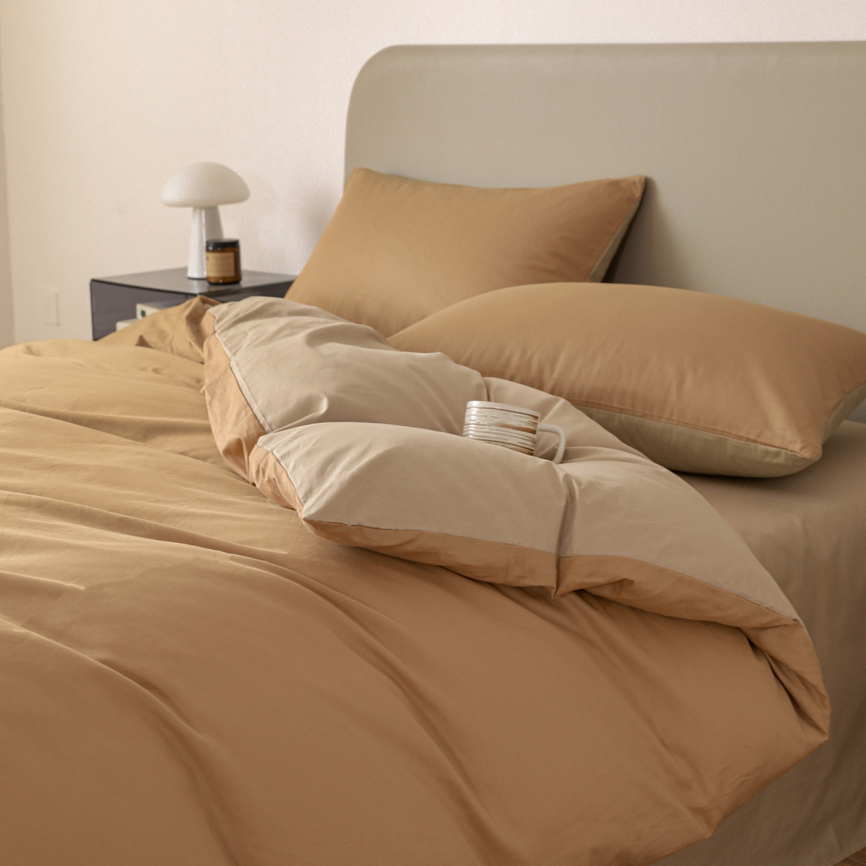 91家纺网 家纺一手货源 找家纺 盛馨家纺 2026新款40长绒棉ins美拉德色系纯色双拼全棉单品四件套单人纯色三件套 黄琉璃+云光黄