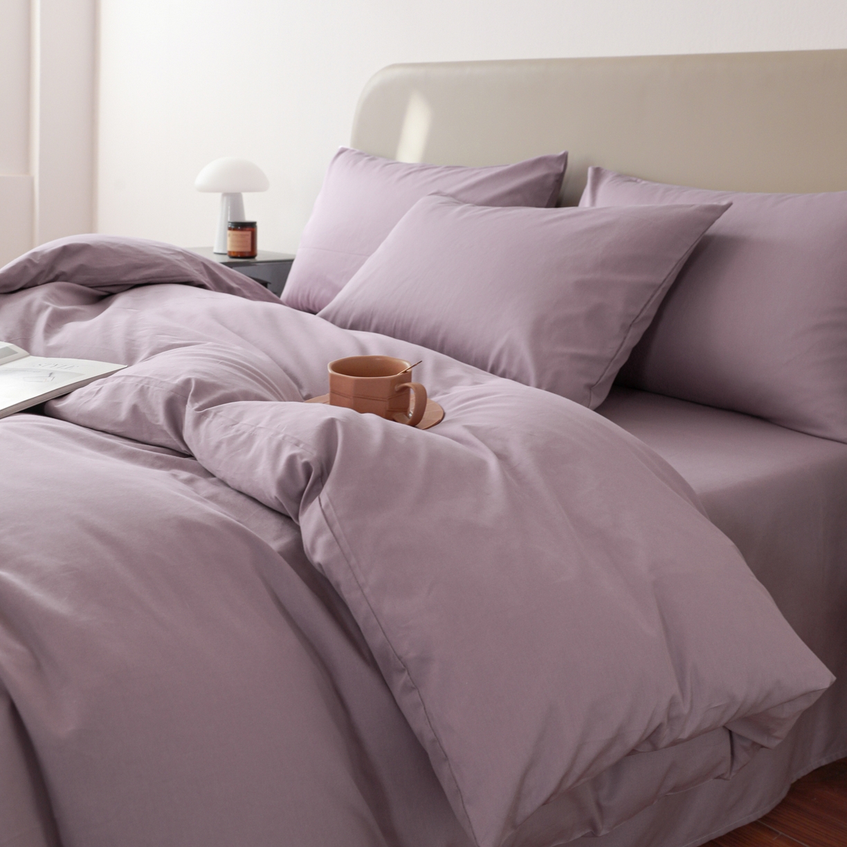 91家纺网 家纺一手货源 找家纺 盛馨家纺 2026新款40长绒棉ins美拉德色系纯色双拼全棉单品四件套单人纯色三件套 茄花紫