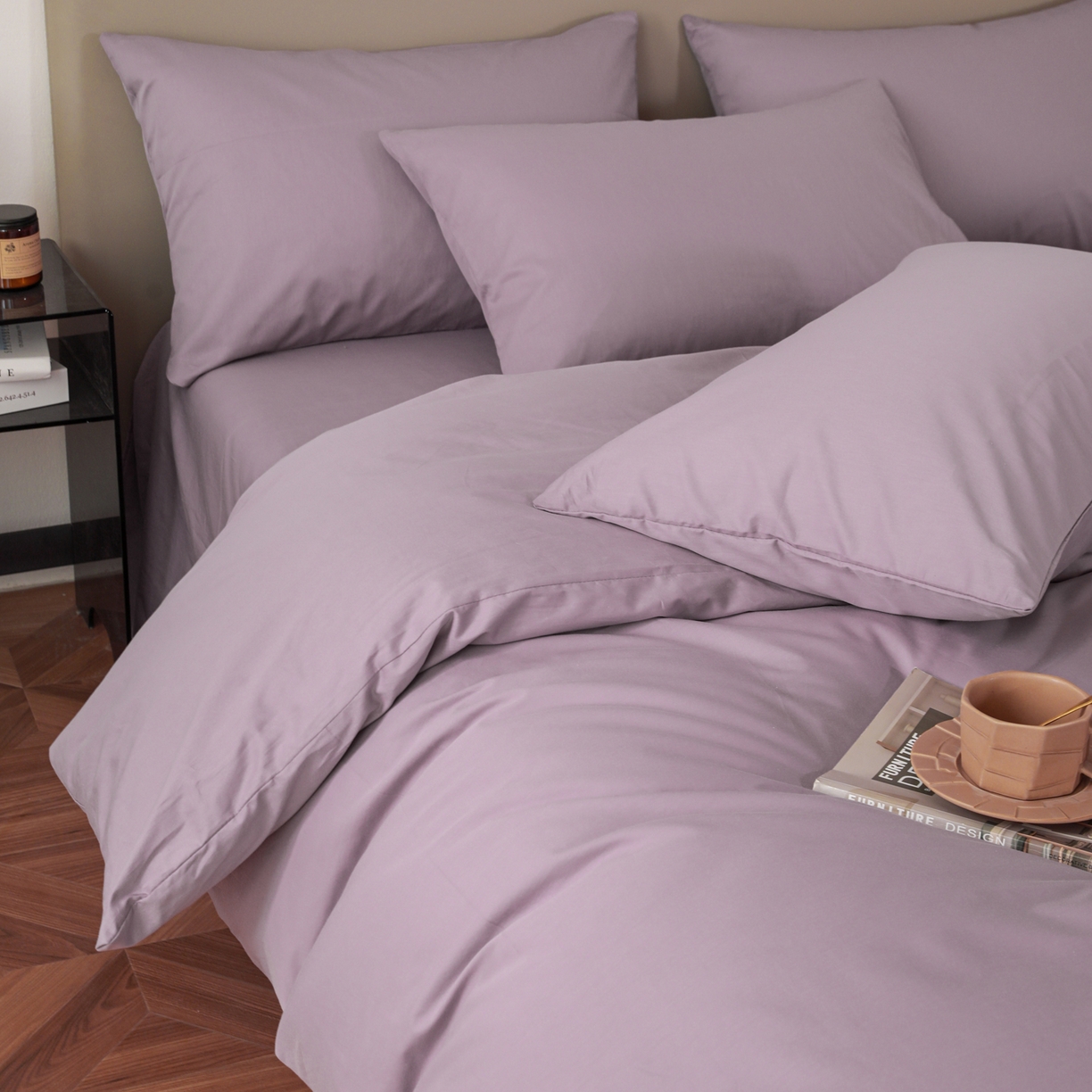 91家纺网 家纺一手货源 找家纺 盛馨家纺 2026新款40长绒棉ins美拉德色系纯色双拼全棉单品四件套单人纯色三件套 茄花紫