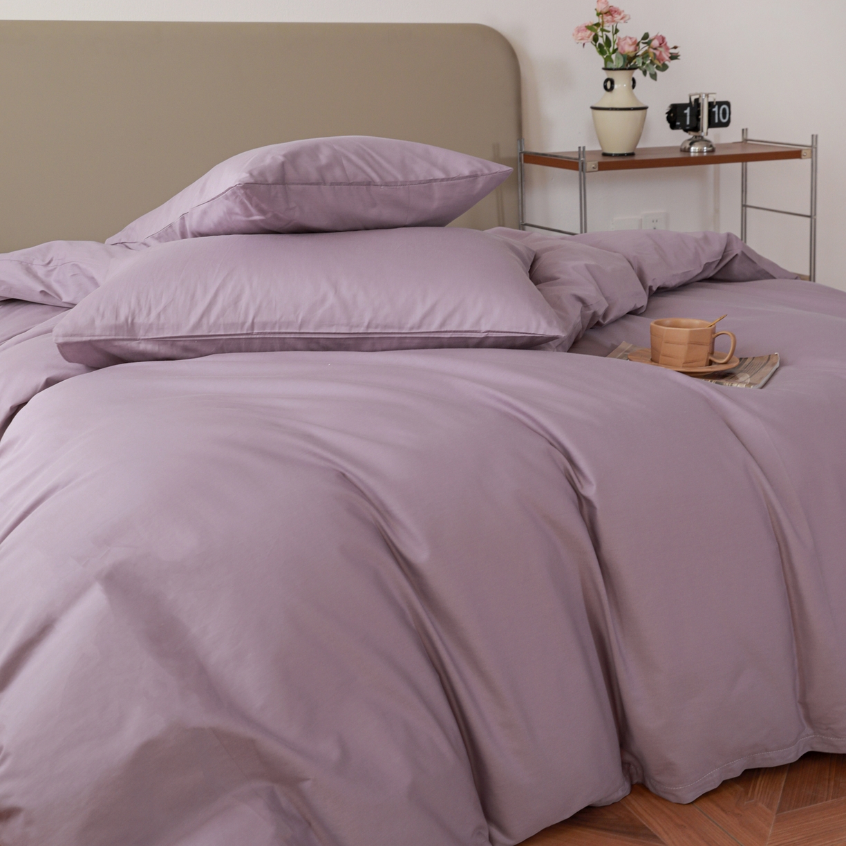 91家纺网 家纺一手货源 找家纺 盛馨家纺 2026新款40长绒棉ins美拉德色系纯色双拼全棉单品四件套单人纯色三件套 茄花紫