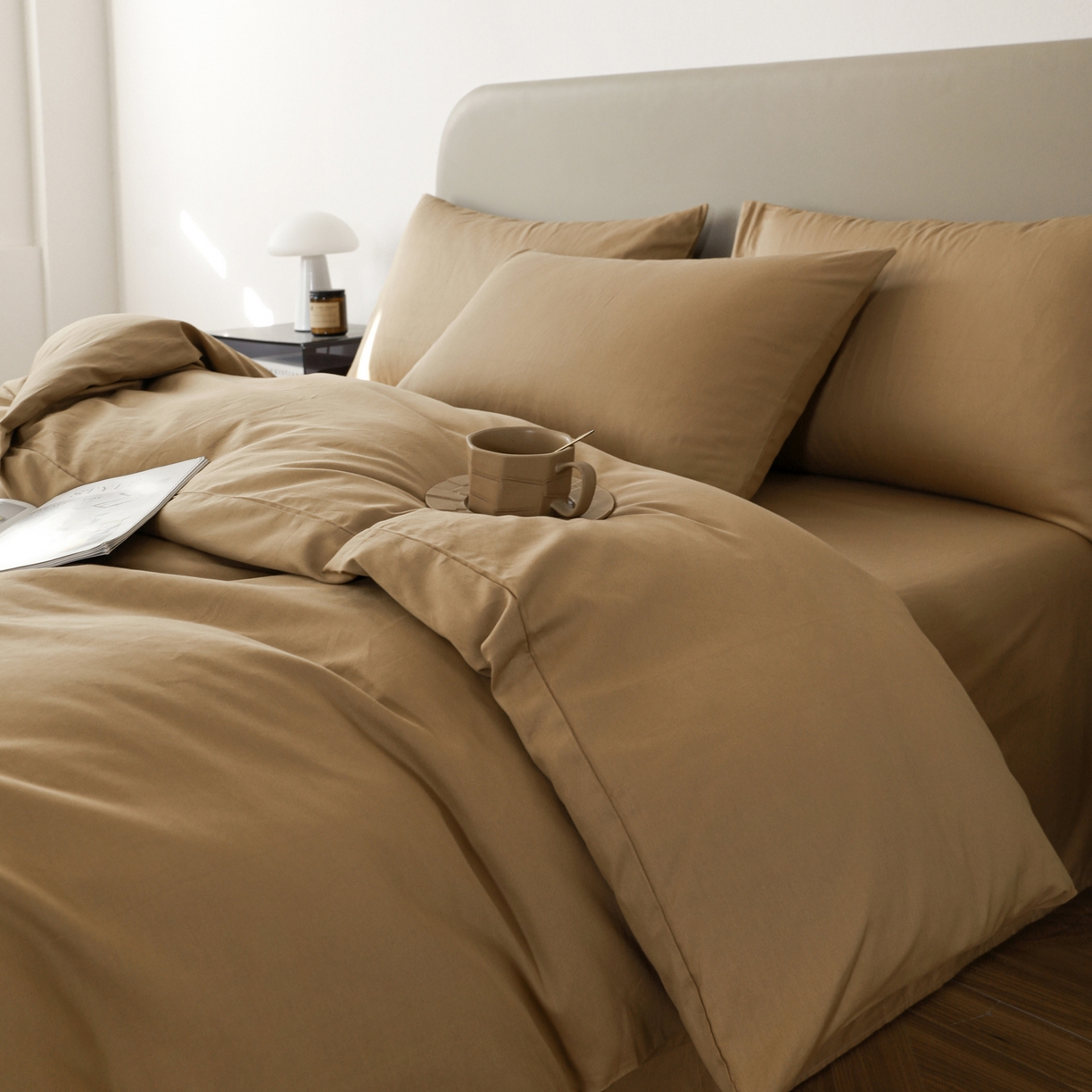 91家纺网 家纺一手货源 找家纺 盛馨家纺 2026新款40长绒棉ins美拉德色系纯色双拼全棉单品四件套单人纯色三件套 桃木心