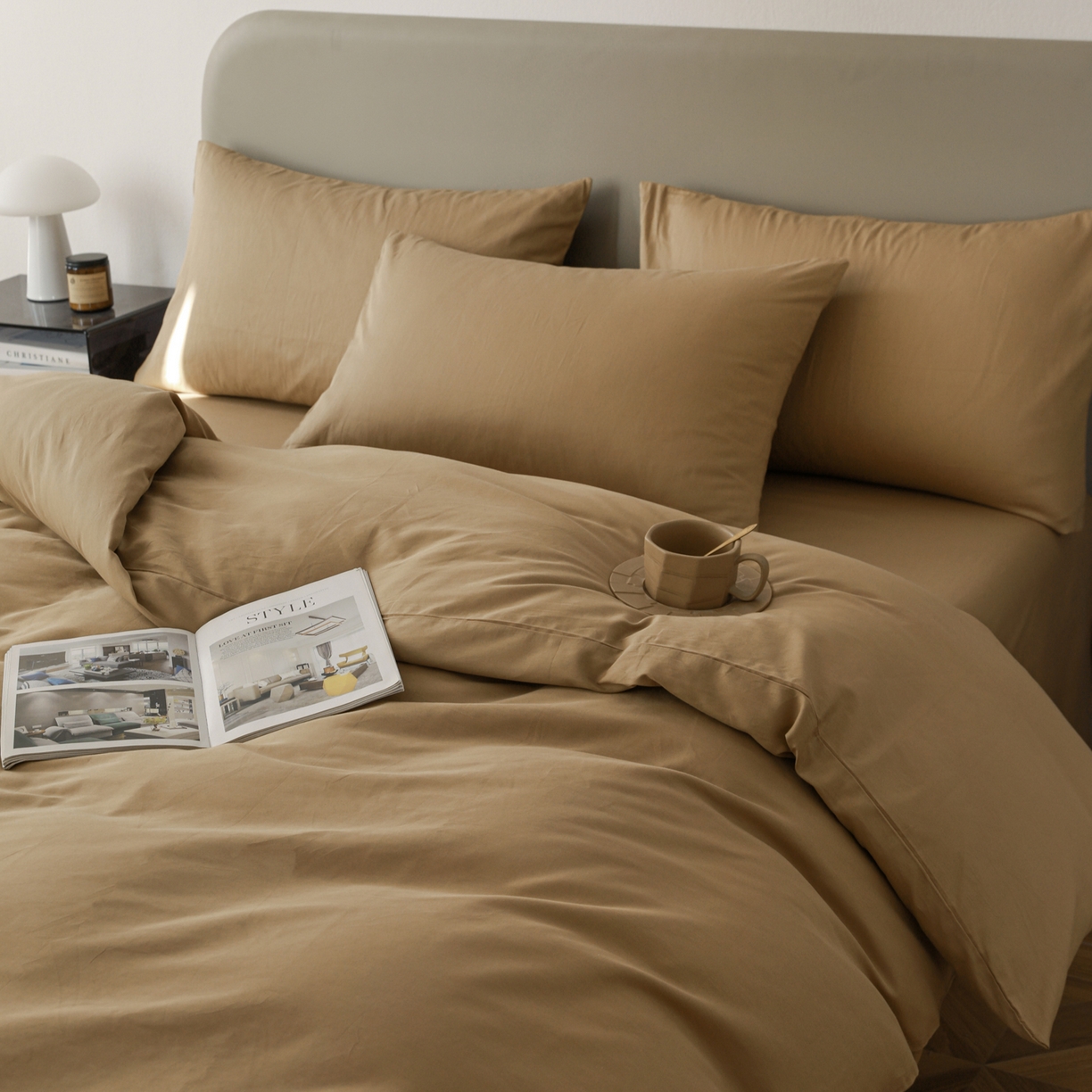 91家纺网 家纺一手货源 找家纺 盛馨家纺 2026新款40长绒棉ins美拉德色系纯色双拼全棉单品四件套单人纯色三件套 桃木心