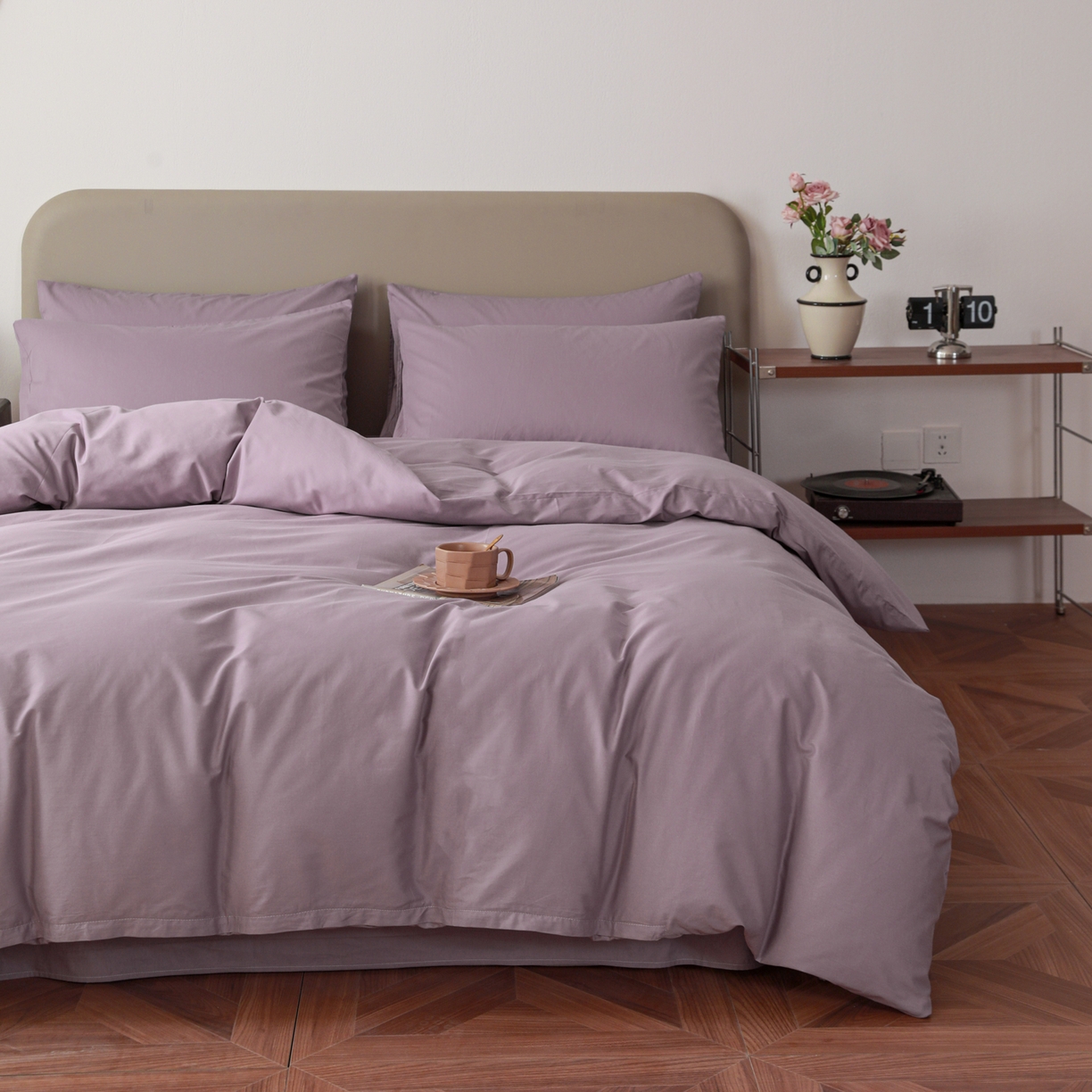 91家纺网 家纺一手货源 找家纺 盛馨家纺 2026新款40长绒棉ins美拉德色系纯色双拼全棉单品四件套单人纯色三件套 茄花紫