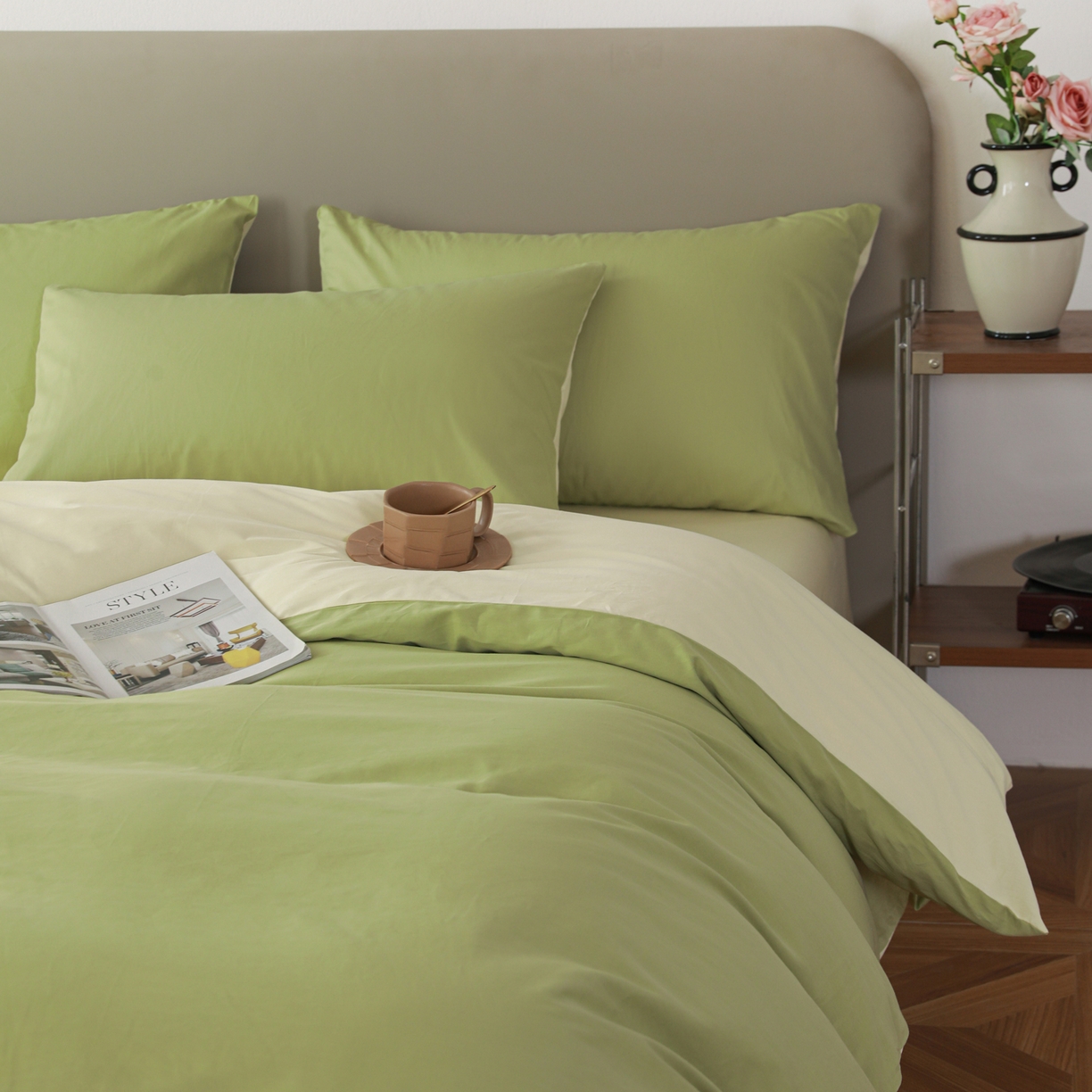 91家纺网 家纺一手货源 找家纺 盛馨家纺 2026新款40长绒棉ins美拉德色系纯色双拼全棉单品四件套单人纯色三件套 豆绿+嫩黄