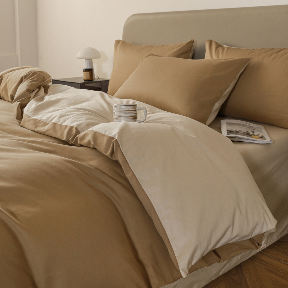 91家纺网 家纺一手货源 找家纺 盛馨家纺 2026新款40长绒棉ins美拉德色系纯色双拼全棉单品四件套单人纯色三件套 桃木心+杏仁色