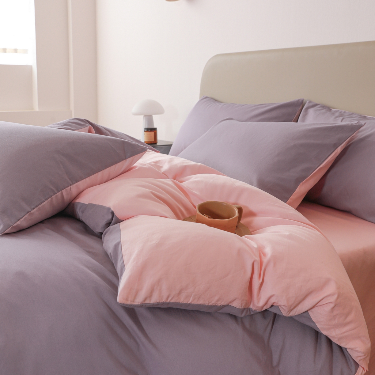 91家纺网 家纺一手货源 找家纺 盛馨家纺 2026新款40长绒棉ins美拉德色系纯色双拼全棉单品四件套单人纯色三件套 茄花紫+桃夭