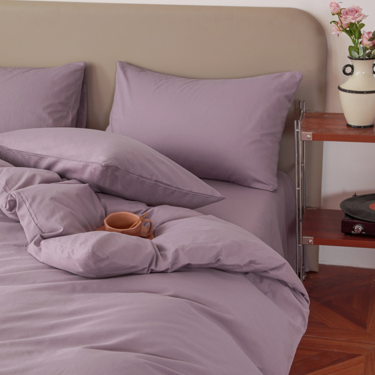 91家纺网 家纺一手货源 找家纺 盛馨家纺 2026新款40长绒棉ins美拉德色系纯色双拼全棉单品四件套单人纯色三件套 茄花紫