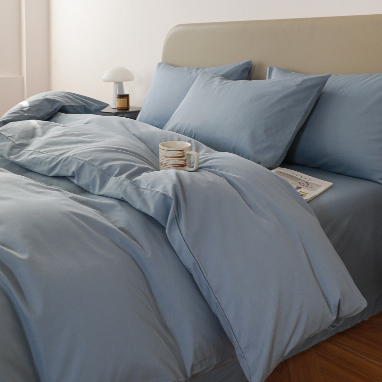 91家纺网 家纺一手货源 找家纺 盛馨家纺 2026新款40长绒棉ins美拉德色系纯色双拼全棉单品四件套单人纯色三件套 晴蓝