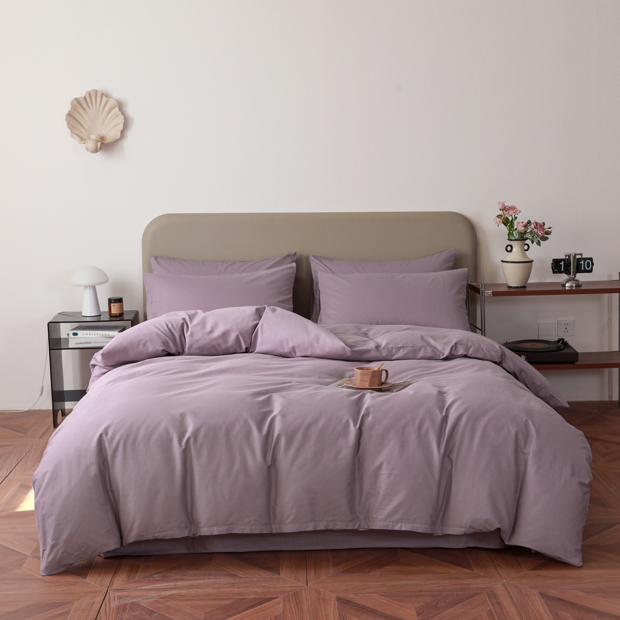 91家纺网 家纺一手货源 找家纺 盛馨家纺 2026新款40长绒棉ins美拉德色系纯色双拼全棉单品四件套单人纯色三件套 茄花紫