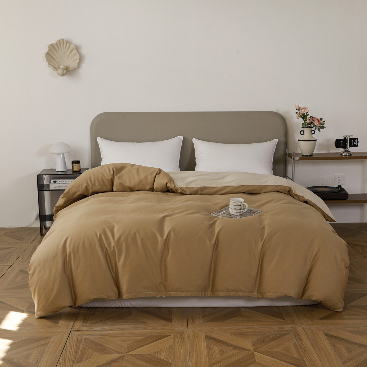 91家纺网 家纺一手货源 找家纺 盛馨家纺 2026新款40长绒棉ins美拉德色系纯色双拼全棉单品四件套单人纯色三件套 桃木心+杏仁色