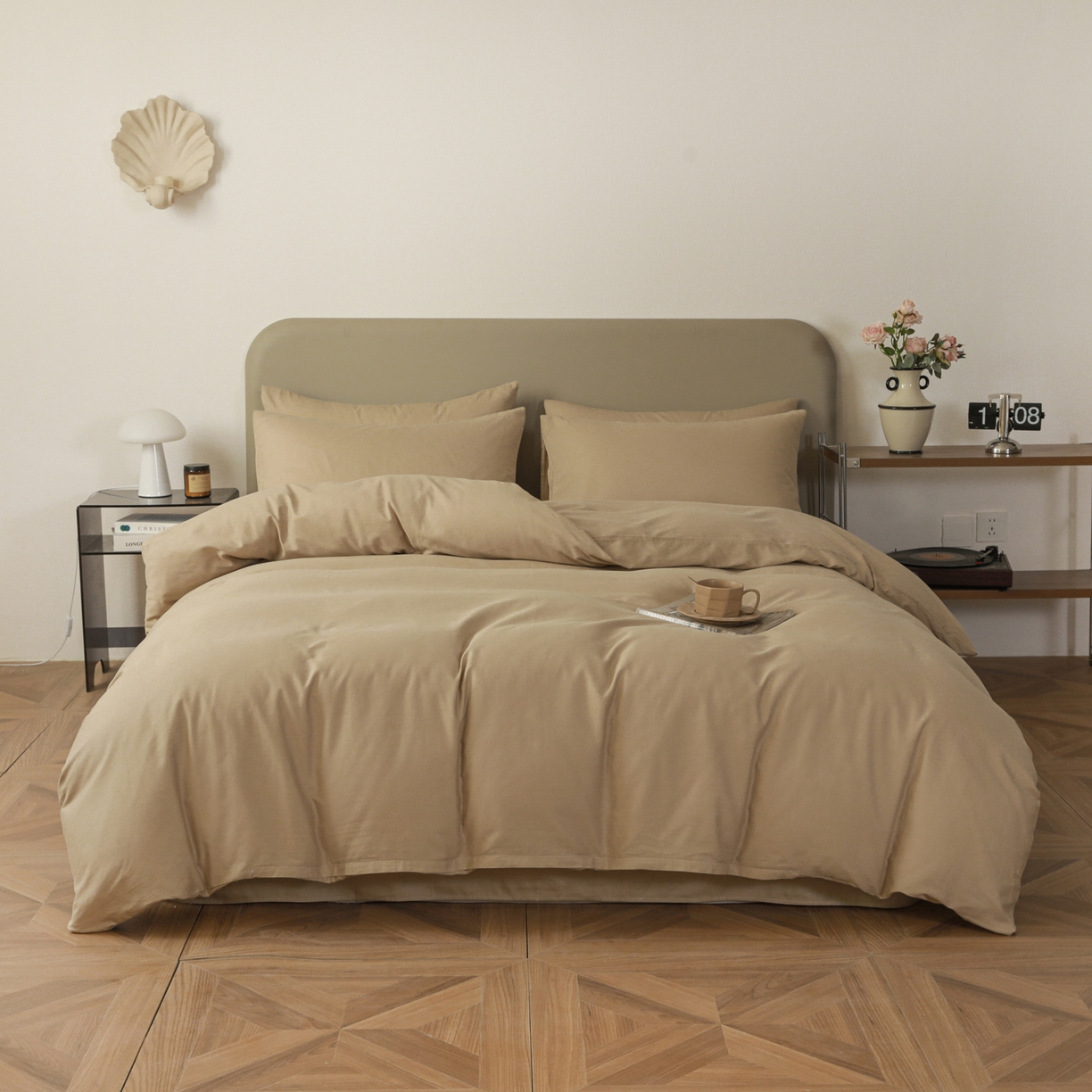 91家纺网 家纺一手货源 找家纺 盛馨家纺 2026新款40长绒棉ins美拉德色系纯色双拼全棉单品四件套单人纯色三件套 白茶