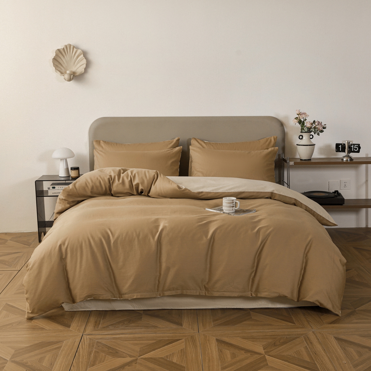 91家纺网 家纺一手货源 找家纺 盛馨家纺 2026新款40长绒棉ins美拉德色系纯色双拼全棉单品四件套单人纯色三件套 桃木心+杏仁色