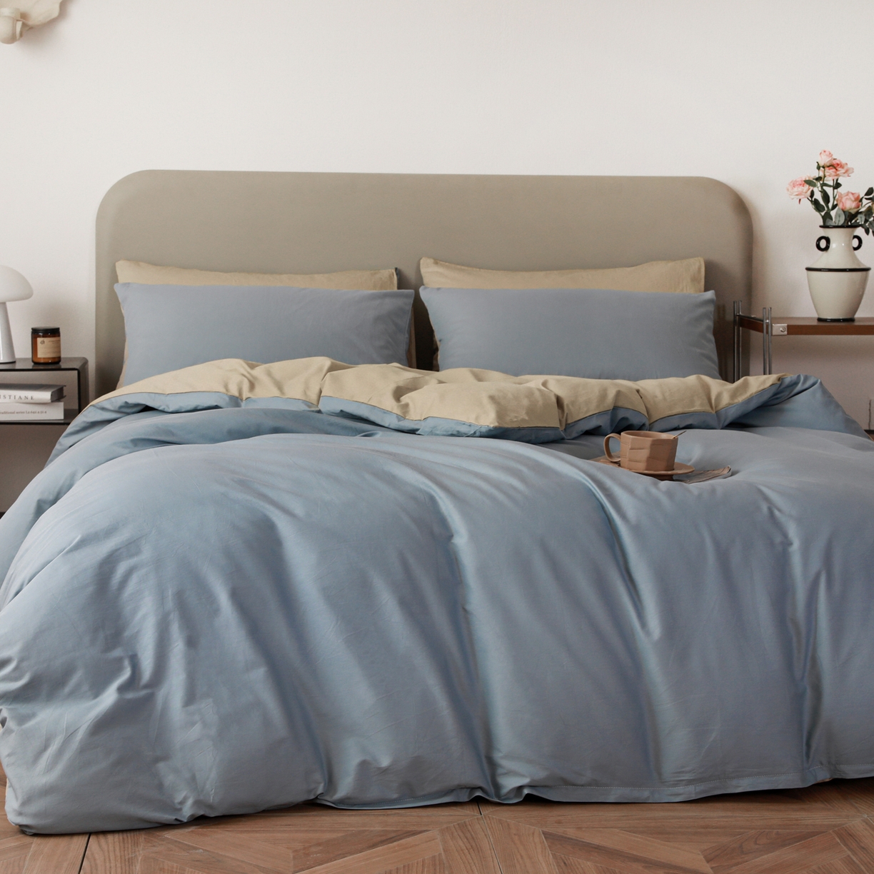 91家纺网 家纺一手货源 找家纺 盛馨家纺 2026新款40长绒棉ins美拉德色系纯色双拼全棉单品四件套单人纯色三件套 晴蓝+奶茶