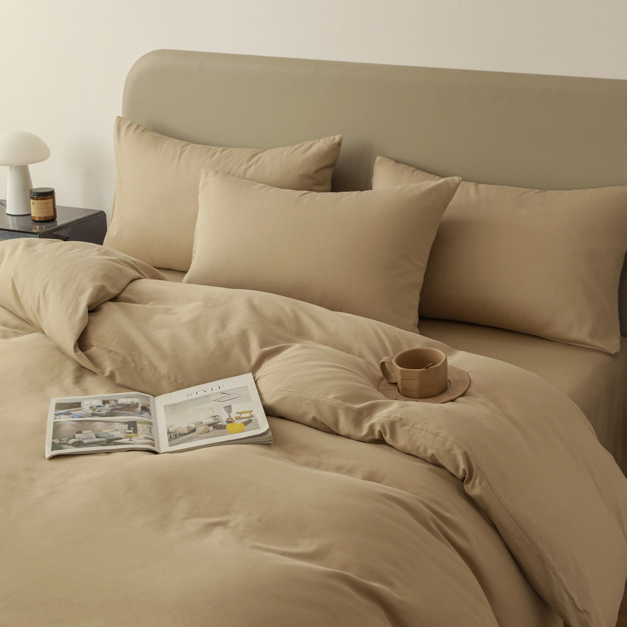 91家纺网 家纺一手货源 找家纺 盛馨家纺 2026新款40长绒棉ins美拉德色系纯色双拼全棉单品四件套单人纯色三件套 白茶