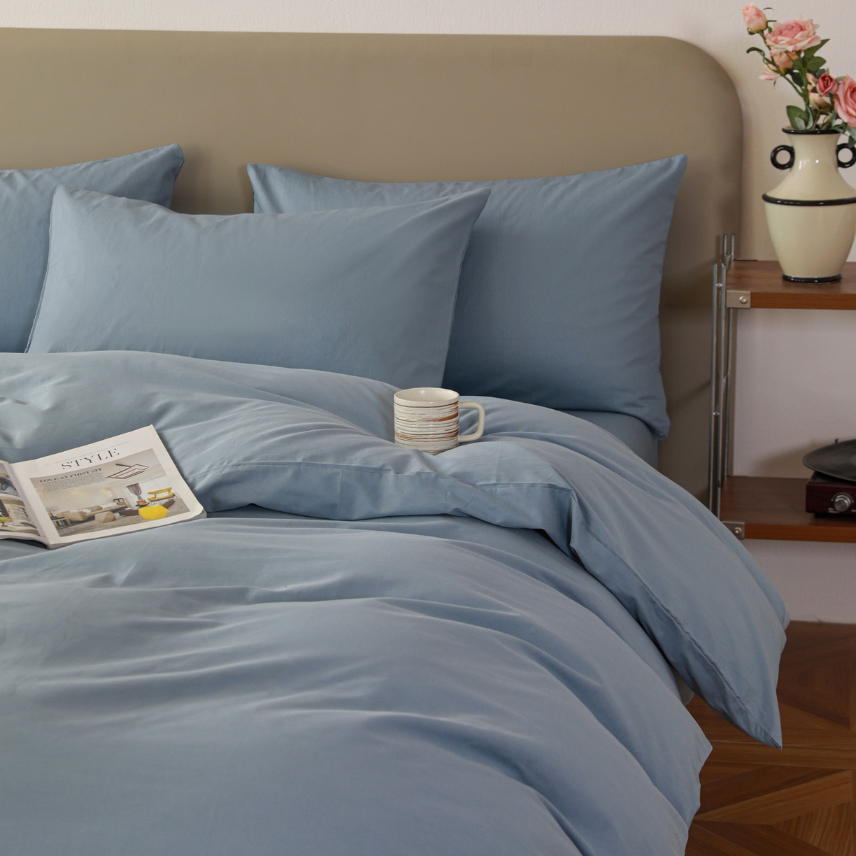91家纺网 家纺一手货源 找家纺 盛馨家纺 2026新款40长绒棉ins美拉德色系纯色双拼全棉单品四件套单人纯色三件套 晴蓝