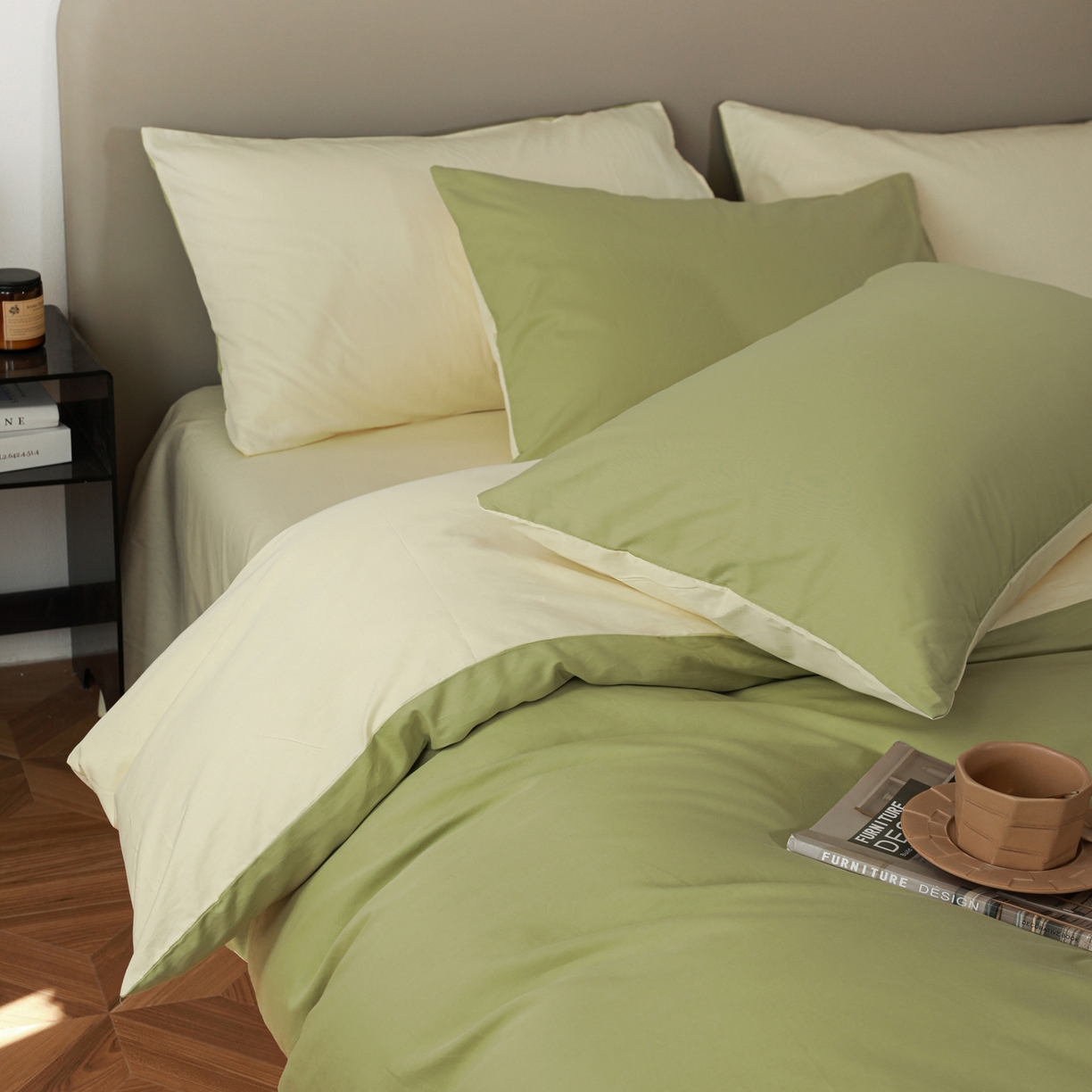 91家纺网 家纺一手货源 找家纺 盛馨家纺 2026新款40长绒棉ins美拉德色系纯色双拼全棉单品四件套单人纯色三件套 豆绿+嫩黄