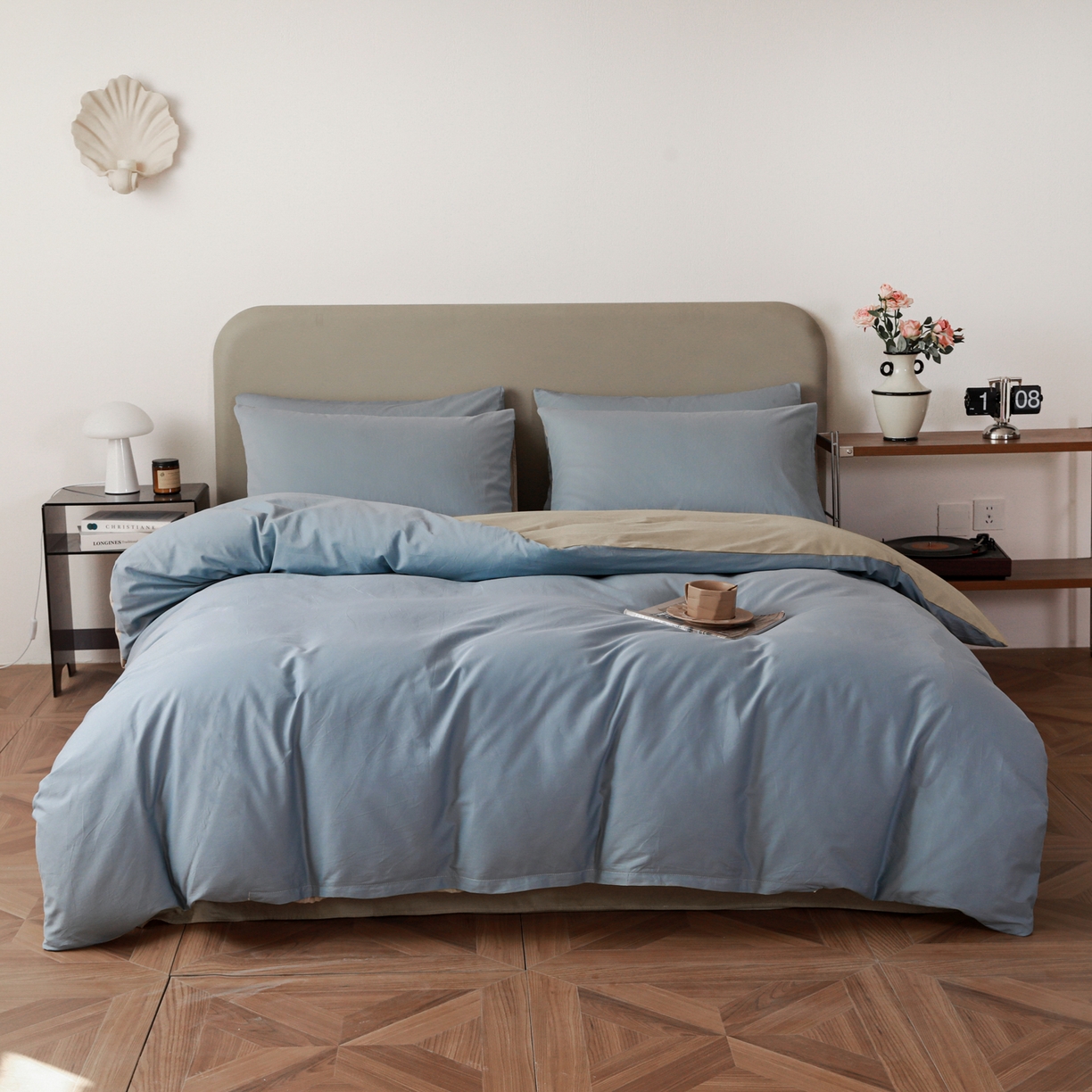 91家纺网 家纺一手货源 找家纺 盛馨家纺 2026新款40长绒棉ins美拉德色系纯色双拼全棉单品四件套单人纯色三件套 晴蓝+奶茶