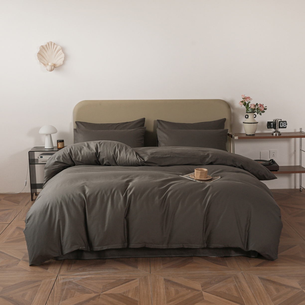 91家纺网 家纺一手货源 找家纺 盛馨家纺 2026新款40长绒棉ins美拉德色系纯色双拼全棉单品四件套单人纯色三件套 深麻灰