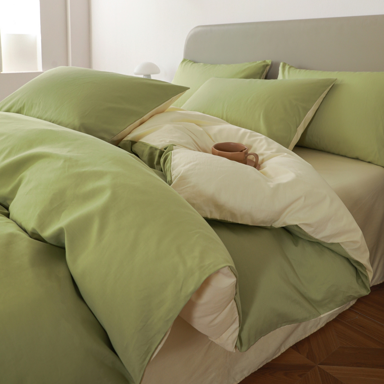 91家纺网 家纺一手货源 找家纺 盛馨家纺 2026新款40长绒棉ins美拉德色系纯色双拼全棉单品四件套单人纯色三件套 豆绿+嫩黄