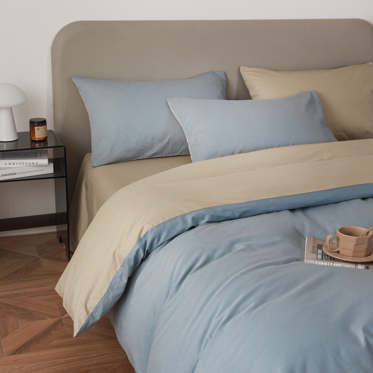 盛馨家纺 2026新款40长绒棉ins美拉德色系纯色双拼全棉单品四件套单人纯色三件套 晴蓝+奶茶