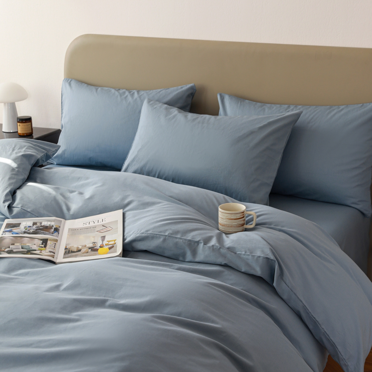 91家纺网 家纺一手货源 找家纺 盛馨家纺 2026新款40长绒棉ins美拉德色系纯色双拼全棉单品四件套单人纯色三件套 晴蓝