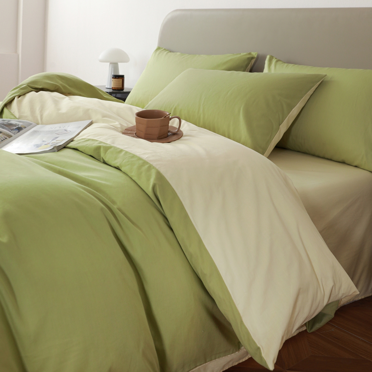 91家纺网 家纺一手货源 找家纺 盛馨家纺 2026新款40长绒棉ins美拉德色系纯色双拼全棉单品四件套单人纯色三件套 豆绿+嫩黄