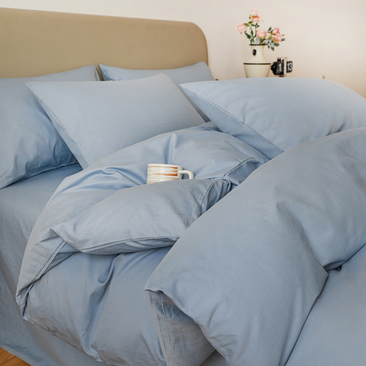 91家纺网 家纺一手货源 找家纺 盛馨家纺 2026新款40长绒棉ins美拉德色系纯色双拼全棉单品四件套单人纯色三件套 晴蓝