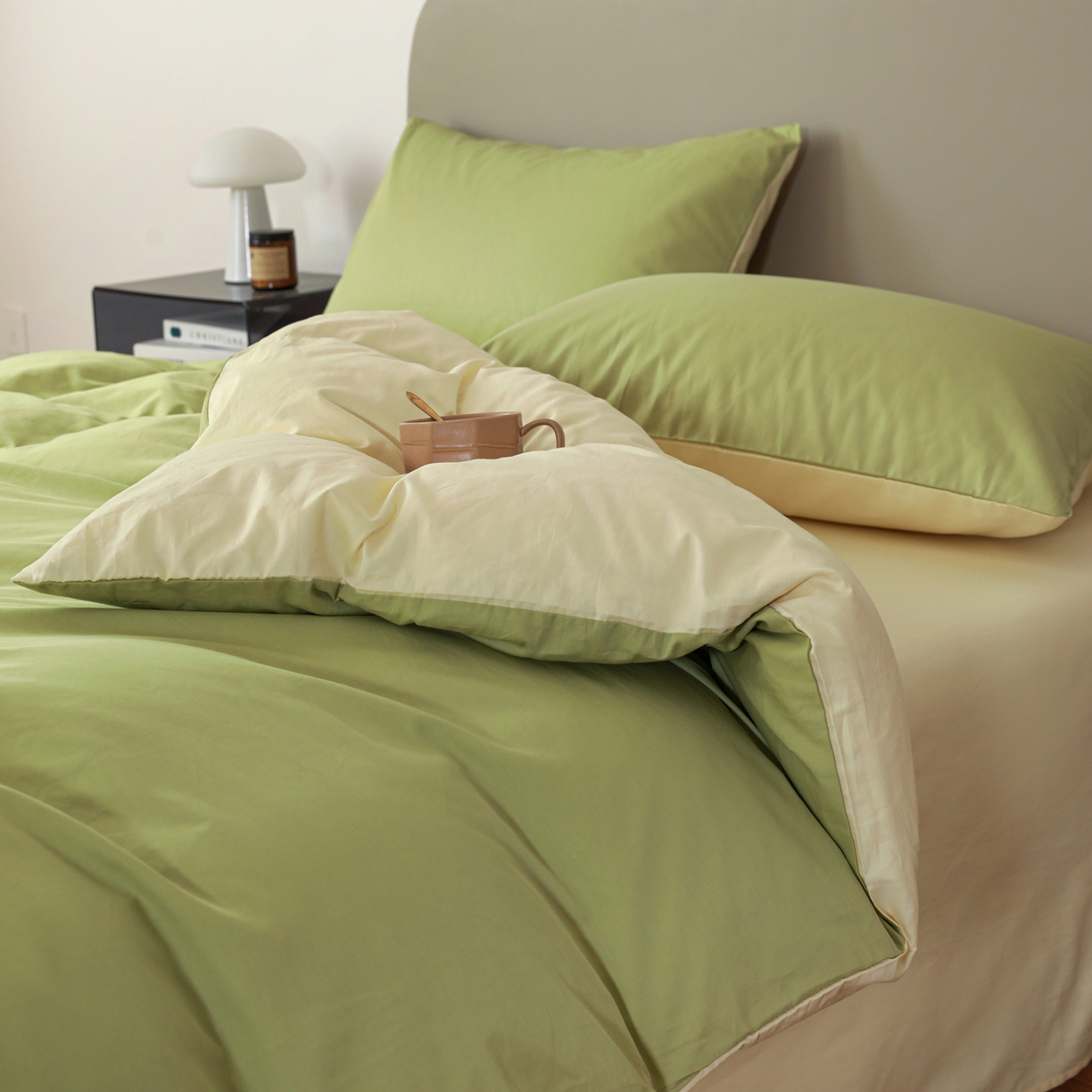 91家纺网 家纺一手货源 找家纺 盛馨家纺 2026新款40长绒棉ins美拉德色系纯色双拼全棉单品四件套单人纯色三件套 豆绿+嫩黄
