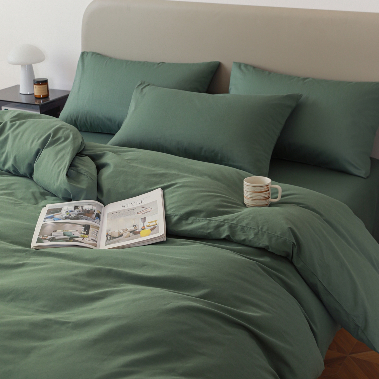 91家纺网 家纺一手货源 找家纺 盛馨家纺 2026新款40长绒棉ins美拉德色系纯色双拼全棉单品四件套单人纯色三件套 松绿